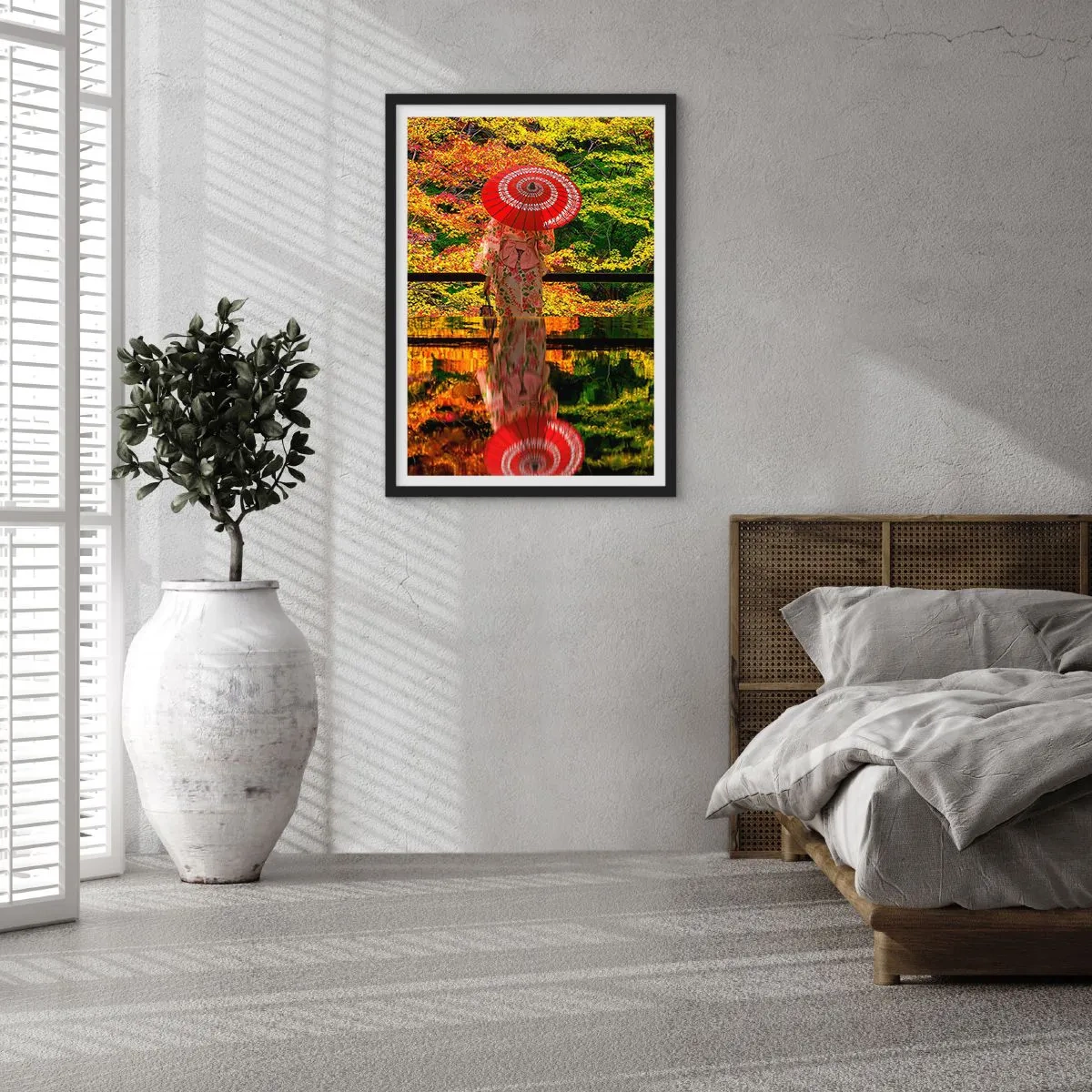 Plagát v čiernom ráme - Žena v kimone s červeným dáždnikom na pozadí jesenného lístia. - 50x70cm - V chráme prírody - Moderná nástenná dekorácia do obývacej izby a spálne ARTTOR