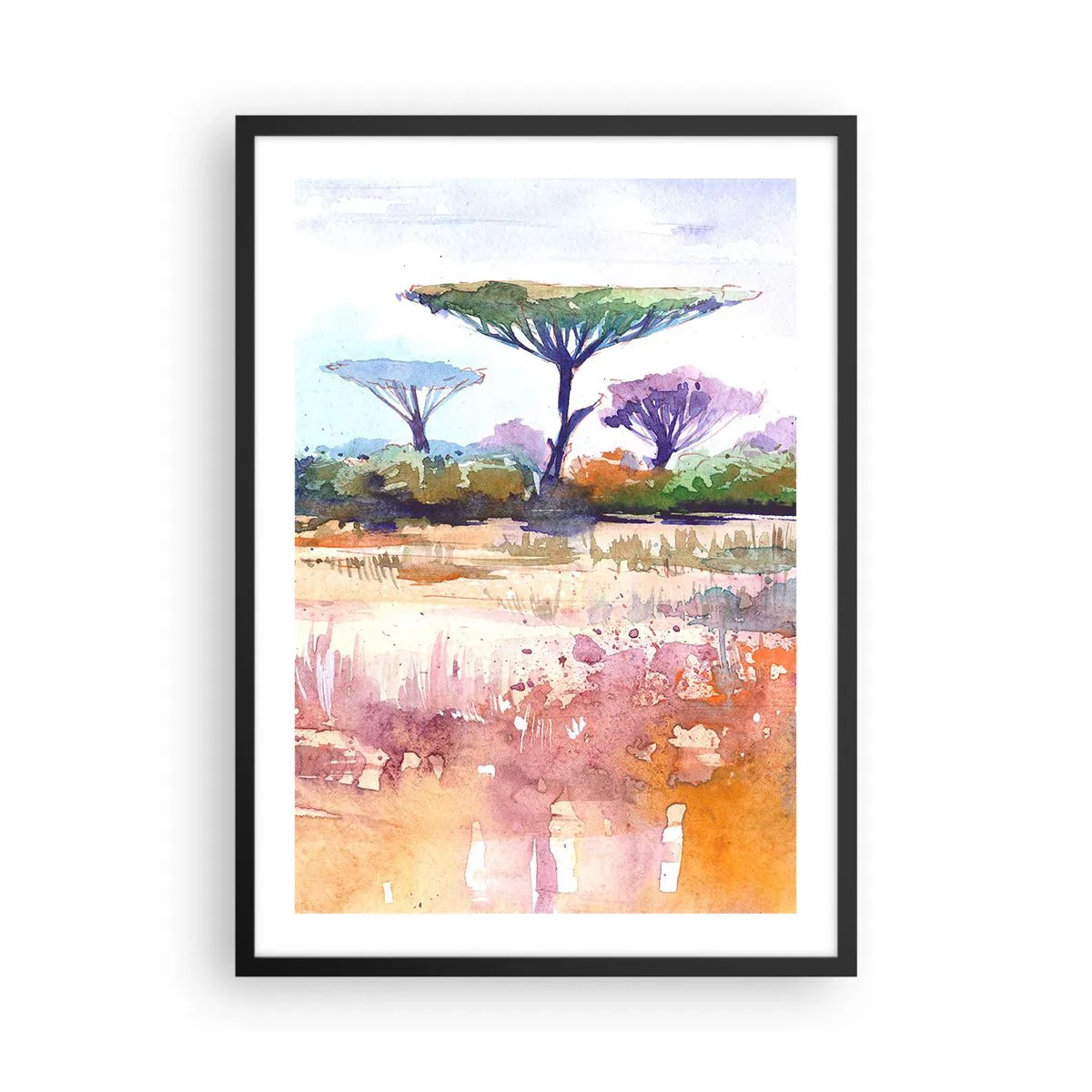 Plagát v čiernom ráme - Akvarelová maľba savanovej krajiny s akáciami. - 50x70cm - Farby savany - Moderná nástenná dekorácia do obývacej izby a spálne ARTTOR