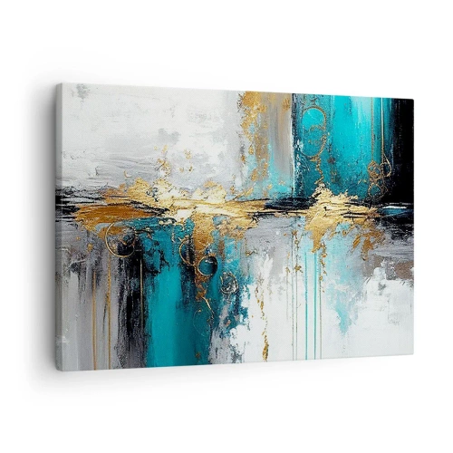 Obraz na plátne - Abstraktná kompozícia s tyrkysovými a zlatými akcentmi. - 70x50cm - Všetko plynie - Moderná nástenná dekorácia do obývacej izby a spálne ARTTOR