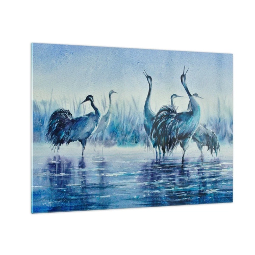 Obraz na skle - Vtáky brodiace sa v modrej vode - 70x50cm - Ranné stretnutie - Moderná nástenná dekorácia do obývacej izby a spálne ARTTOR