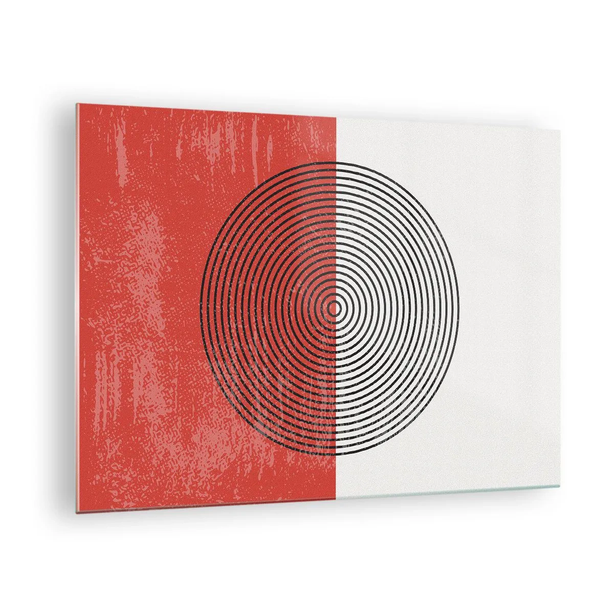 Obraz na skle - Geometrický vzor s kruhom na červeno-bielom pozadí - 70x50cm - Presný zásah - Moderná nástenná dekorácia do obývacej izby a spálne ARTTOR