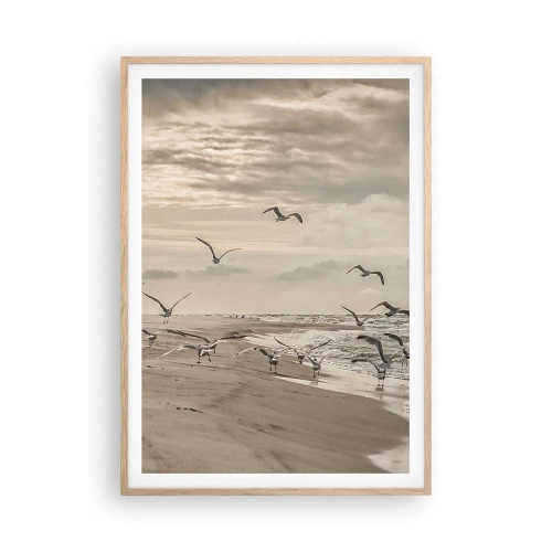 Plagát v ráme zo svetlého duba - Šumenie mora, spev vtákov - 70x100 cm