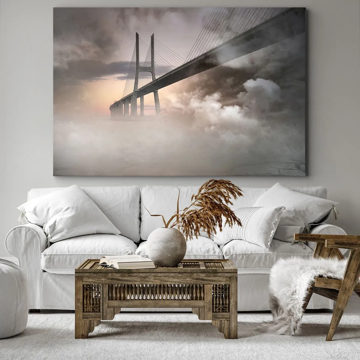 Obraz na plátne - Most cez rieku obklopený rannou hmlou - 70x50cm - Pri rieke, ktorá nie je - Moderná nástenná dekorácia do obývacej izby a spálne ARTTOR