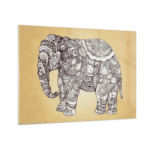 Obraz na skle - Čiernobiely slon s orientálnymi vzormi na béžovom pozadí - 70x50cm - Skrytý slon - Moderná nástenná dekorácia do obývacej izby a spálne ARTTOR