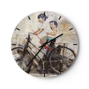 Nástenné hodiny - Stena s maľbou detí na bicykli - 30x30cm - Pravda alebo klam? - Moderná nástenná dekorácia do obývacej izby, kuchyne a spálne ARTTOR