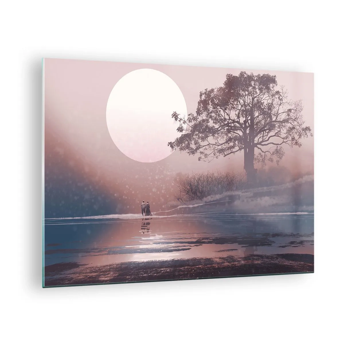 Obraz na skle - Magická krajina so stromom, mesiacom a postavami - 70x50cm - Nočné zázraky - Moderná nástenná dekorácia do obývacej izby a spálne ARTTOR