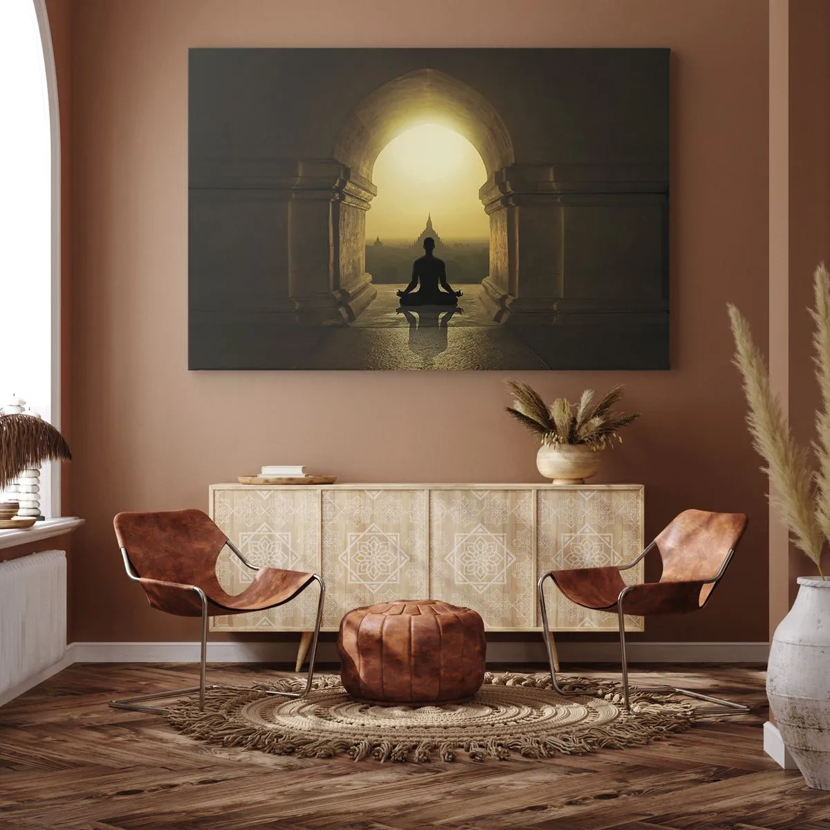 Obraz na plátne - Silueta meditujúcej osoby vo svetle zapadajúceho slnka - 70x50cm - Plná harmónia - Moderná nástenná dekorácia do obývacej izby a spálne ARTTOR