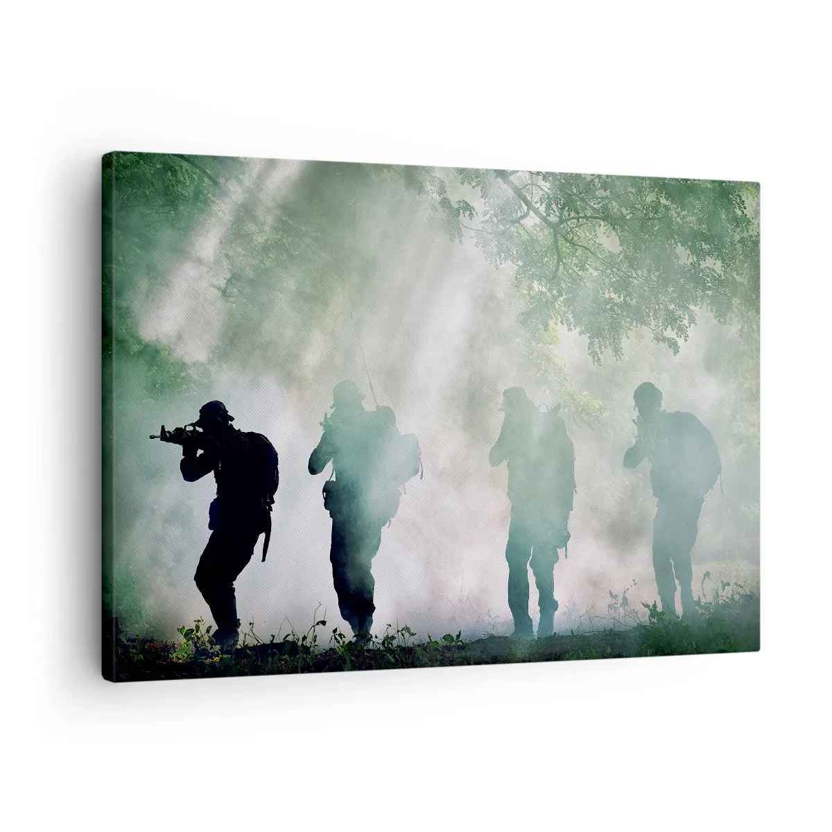 Obraz na plátne - Siluety vojakov v lese obklopenom hmlou - 70x50cm - Jeden za všetkých… - Moderná nástenná dekorácia do obývacej izby a spálne ARTTOR