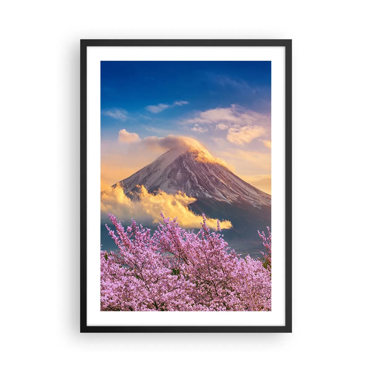 Plagát v čiernom ráme - Hora Fudži obklopená čerešňovými kvetmi pri západe slnka - 50x70cm - Japonská sviatosť - Moderná nástenná dekorácia do obývacej izby a spálne ARTTOR