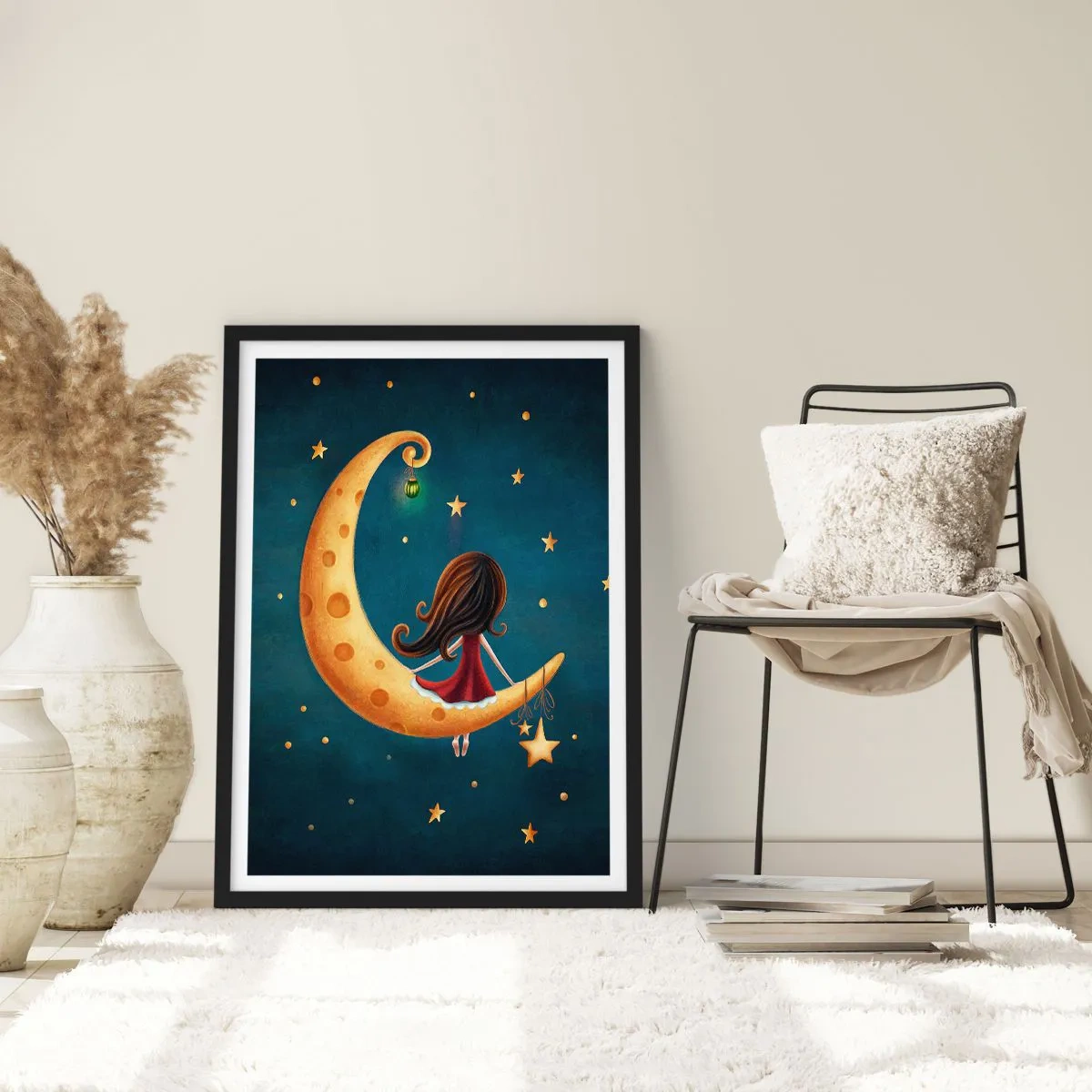 Plagát v čiernom ráme - Dievča na mesiaci obklopené hviezdami a lampášom - 50x70cm - Kedysi dávno… - Moderná nástenná dekorácia do obývacej izby a spálne ARTTOR