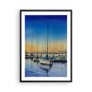 Plagát v čiernom ráme - Maliarska scéna plachetníc v prístave pri západe slnka - 50x70cm - Koniec dobrého dňa - Moderná nástenná dekorácia do obývacej izby a spálne ARTTOR