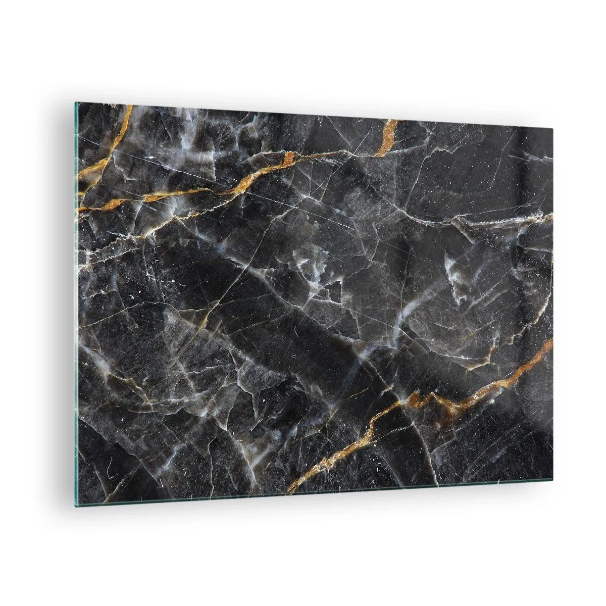 Obraz na skle - Čierno-zlatý mramorový vzor s bielymi žilami - 70x50cm - Vnútorný život kameňa - Moderná nástenná dekorácia do obývacej izby a spálne ARTTOR
