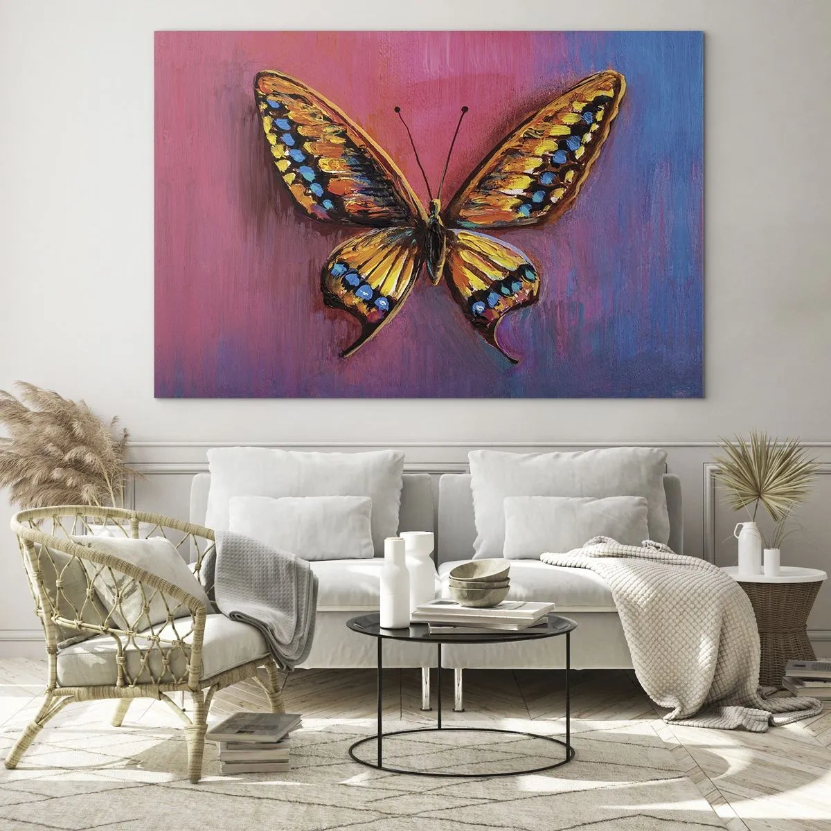 Obraz na skle - Farebný motýľ na pozadí v odtieňoch ružovej a fialovej - 70x50cm - Klenot prírody - Moderná nástenná dekorácia do obývacej izby a spálne ARTTOR