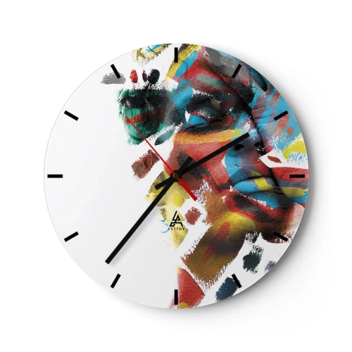 Nástenné hodiny - Farebná abstrakcia tváre s intenzívnymi ťahmi farby - 30x30cm - Pestrá osobnosť - Moderná nástenná dekorácia do obývacej izby, kuchyne a spálne ARTTOR
