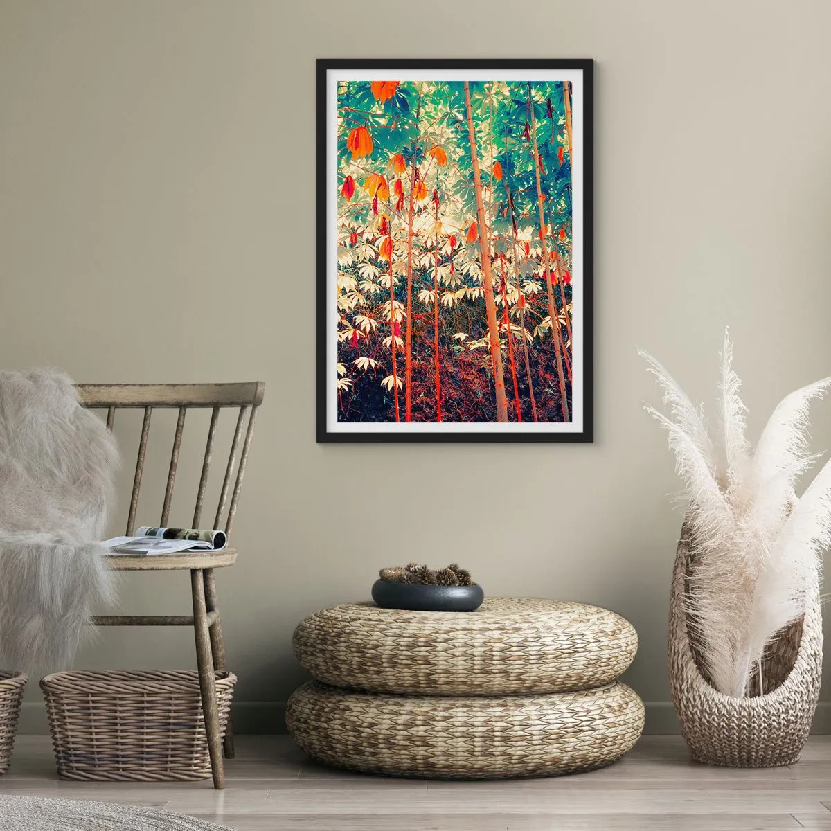 Plagát v čiernom ráme - Farebný tropický les, v ktorom dominuje červená a zelená - 50x70cm - Tajný život listov - Moderná nástenná dekorácia do obývacej izby a spálne ARTTOR