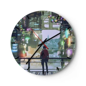 Nástenné hodiny - Postava vo futuristickom meste s neónovými svetlami a panorámou mesta v pozadí - 30x30cm - Dva svety - Moderná nástenná dekorácia do obývacej izby, kuchyne a spálne ARTTOR