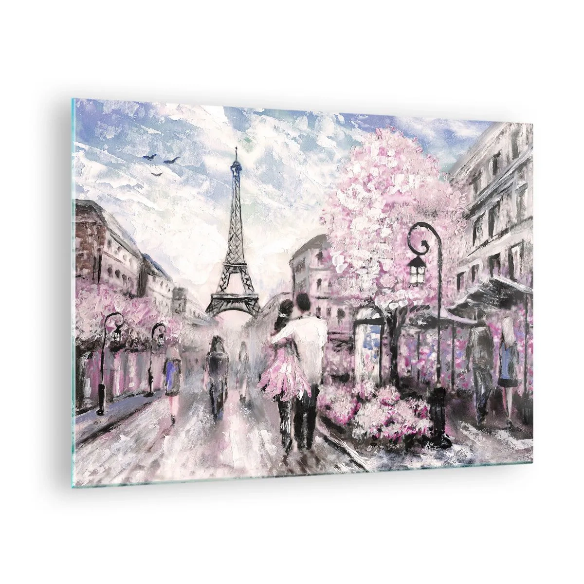 Obraz na skle - Romantický pár v Paríži s Eiffelovou vežou v pozadí - 70x50cm - Keď sa zamilovať, tak len v… - Moderná nástenná dekorácia do obývacej izby a spálne ARTTOR
