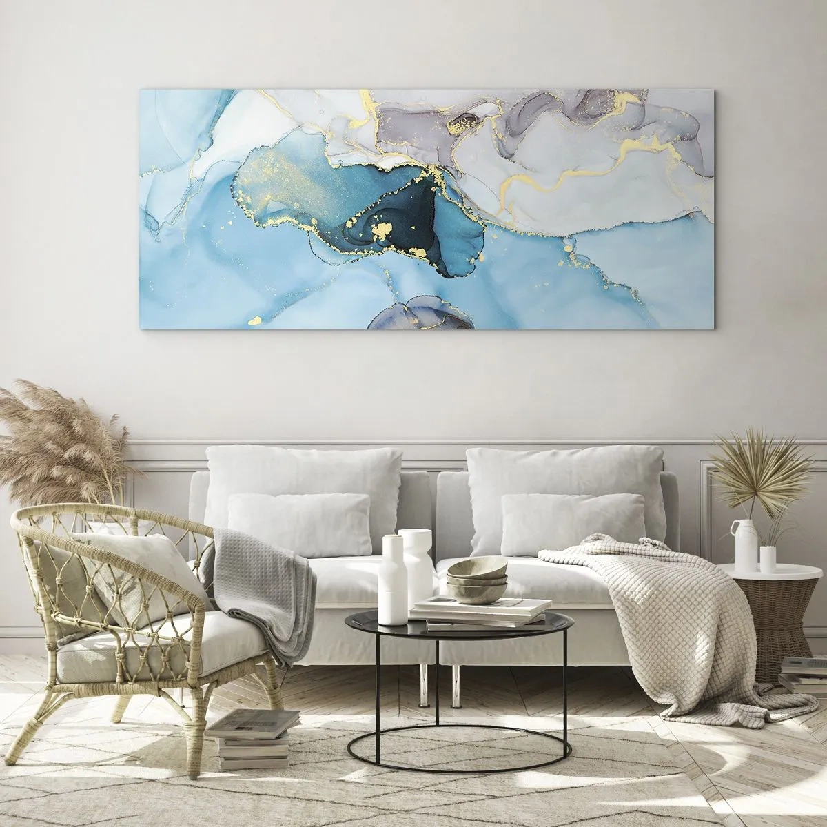 Obraz na skle - Štúdia o stretnutí šedej a tyrkysovej - 100x40 cm