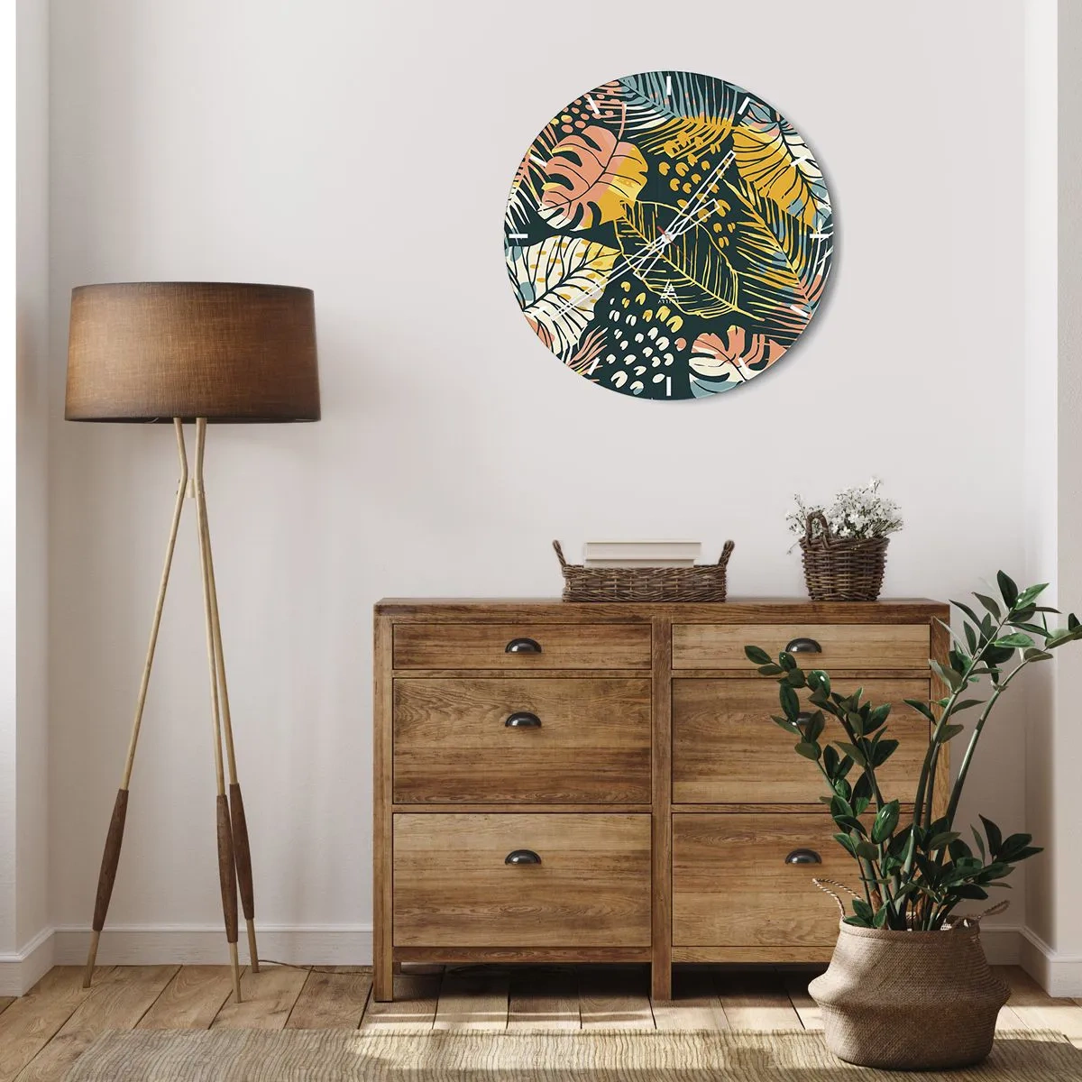 Nástenné hodiny - Farebný vzor tropických listov na tmavom pozadí - 30x30cm - Listová fantázia - Moderná nástenná dekorácia do obývacej izby, kuchyne a spálne ARTTOR