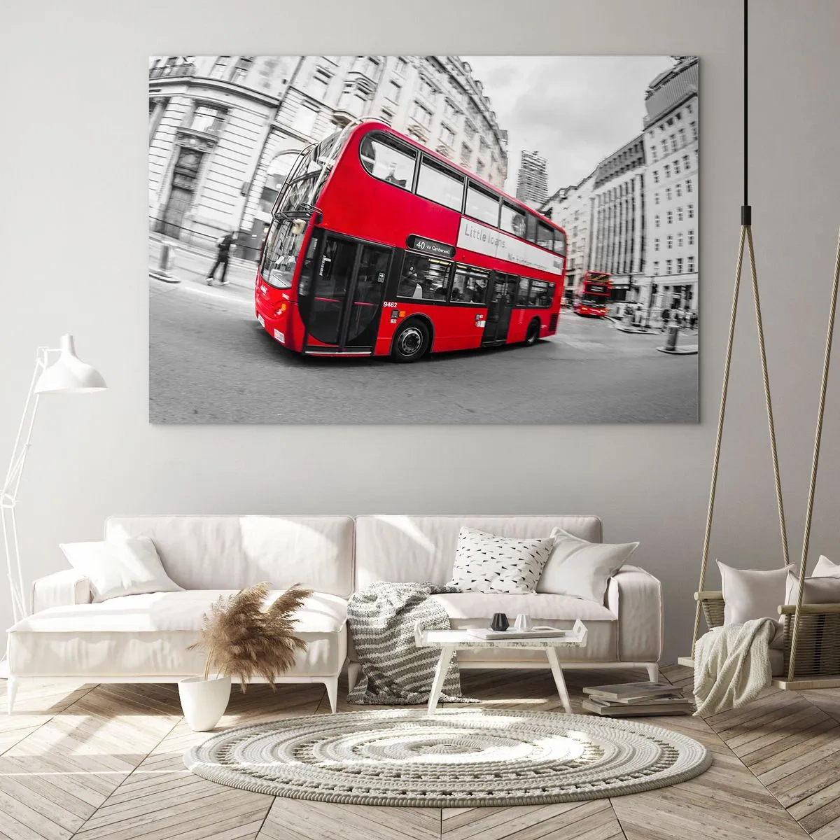 Obraz na skle - Červený autobus v pohybe na pozadí londýnskych ulíc - 70x50cm - Londýn tradične - by bus - Moderná nástenná dekorácia do obývacej izby a spálne ARTTOR