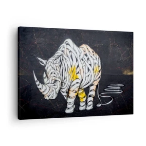 Obraz na plátne - Vyrezávaný nosorožec s abstraktnými pruhmi na tmavom pozadí. - 70x50cm - Neciteľnosť je mýtus - Moderná nástenná dekorácia do obývacej izby a spálne ARTTOR