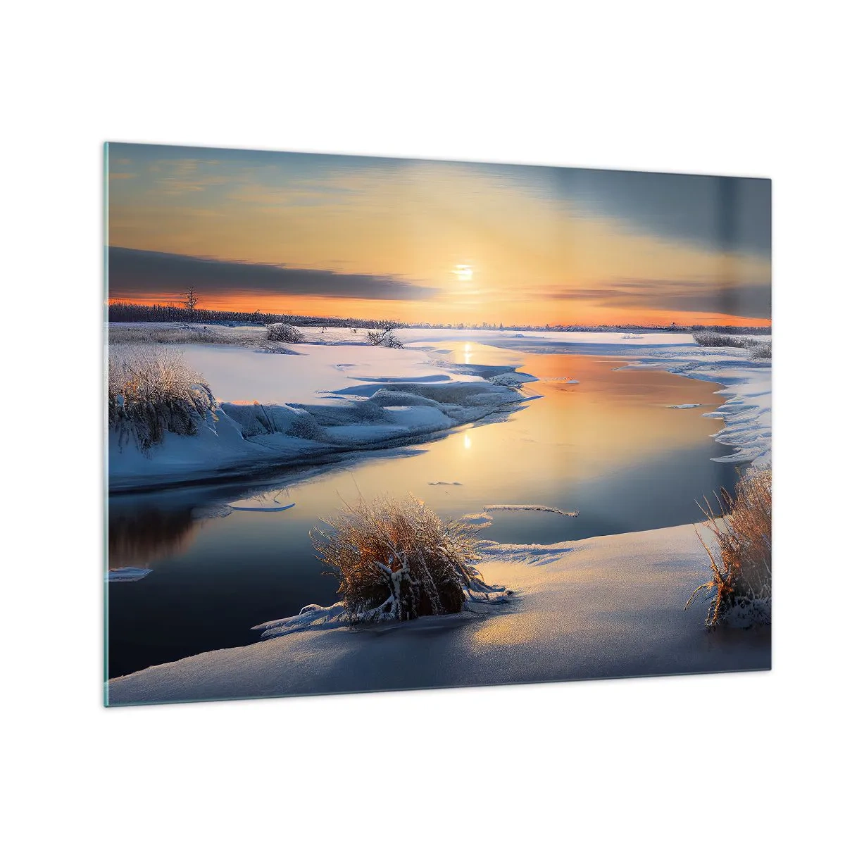 Obraz na skle - Zimná krajina so západom slnka nad zamrznutou riekou - 70x50cm - Zimný západ slnka - Moderná nástenná dekorácia do obývacej izby a spálne ARTTOR