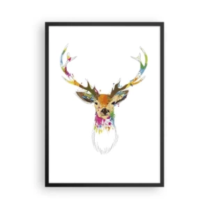 Plagát v čiernom ráme - Farebný jeleň v abstraktnom štýle na bielom pozadí - 50x70cm - Jemné jelenča vykúpané vo farbe - Moderná nástenná dekorácia do obývacej izby a spálne ARTTOR