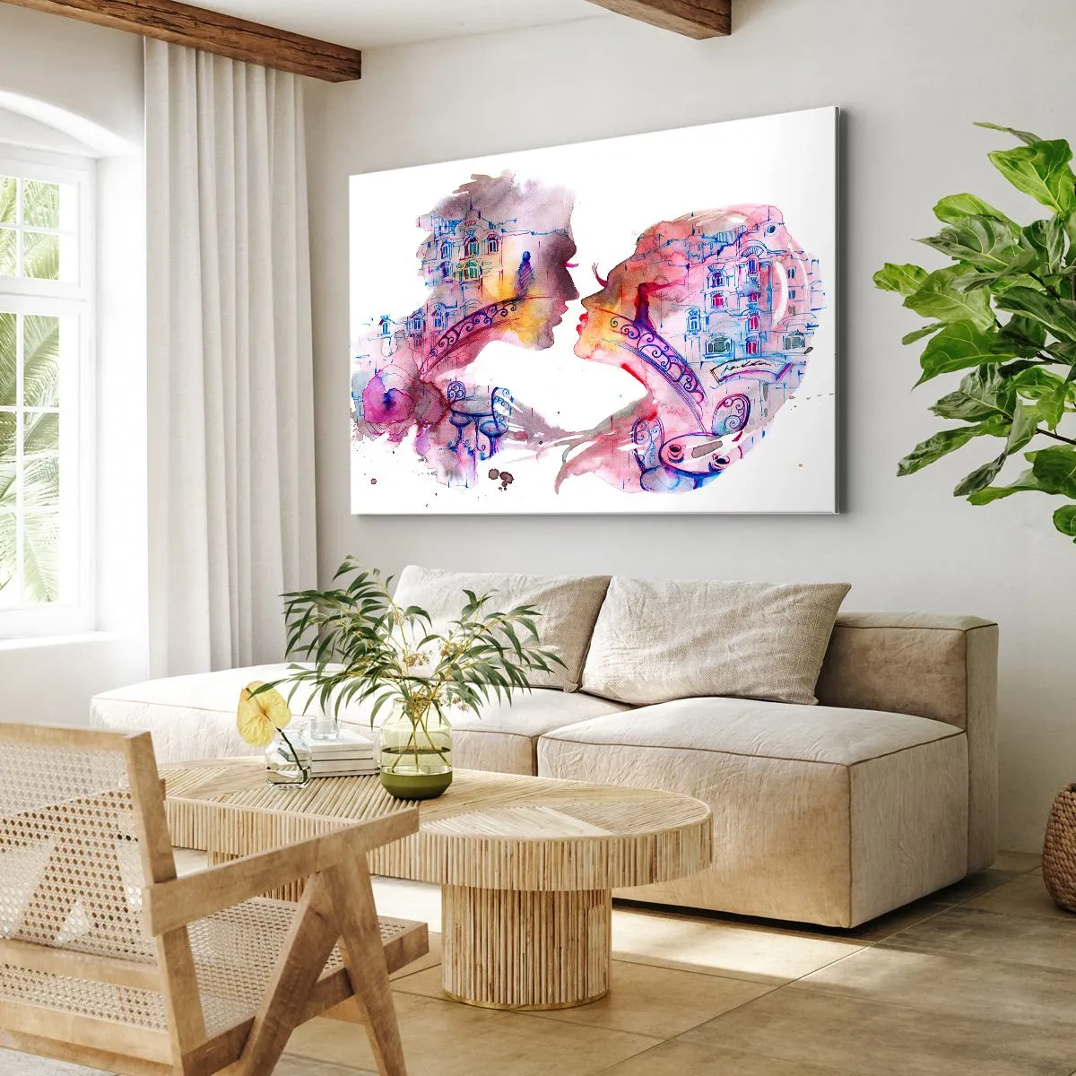 Obraz na plátne - Romantický akvarel zobrazujúci siluety milencov - 70x50cm - Tajomný most vzdychania - Moderná nástenná dekorácia do obývacej izby a spálne ARTTOR