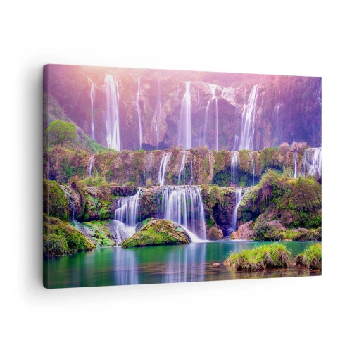 Obraz na plátne - Vodopády obklopené zeleňou s pastelovým osvetlením - 70x50cm - Schody do neba - Moderná nástenná dekorácia do obývacej izby a spálne ARTTOR
