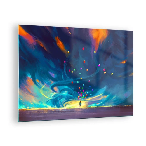 Obraz na skle - Osoba držiaca farebné balóny na modrom veternom pozadí. - 70x50cm - Na modrý vietor - Moderná nástenná dekorácia do obývacej izby a spálne ARTTOR