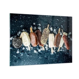 Obraz na skle - Nanuky rôznych príchutí naaranžované na kockách ľadu - 70x50cm - Chuť horúceho leta - Moderná nástenná dekorácia do obývacej izby a spálne ARTTOR