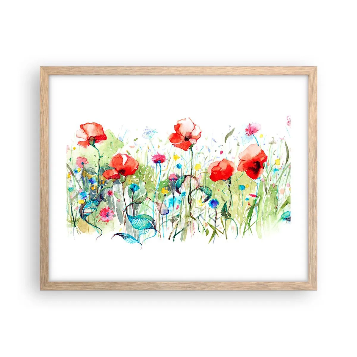 Plagát v ráme zo svetlého duba - Kvitnúca lúka v máji - 50x40 cm