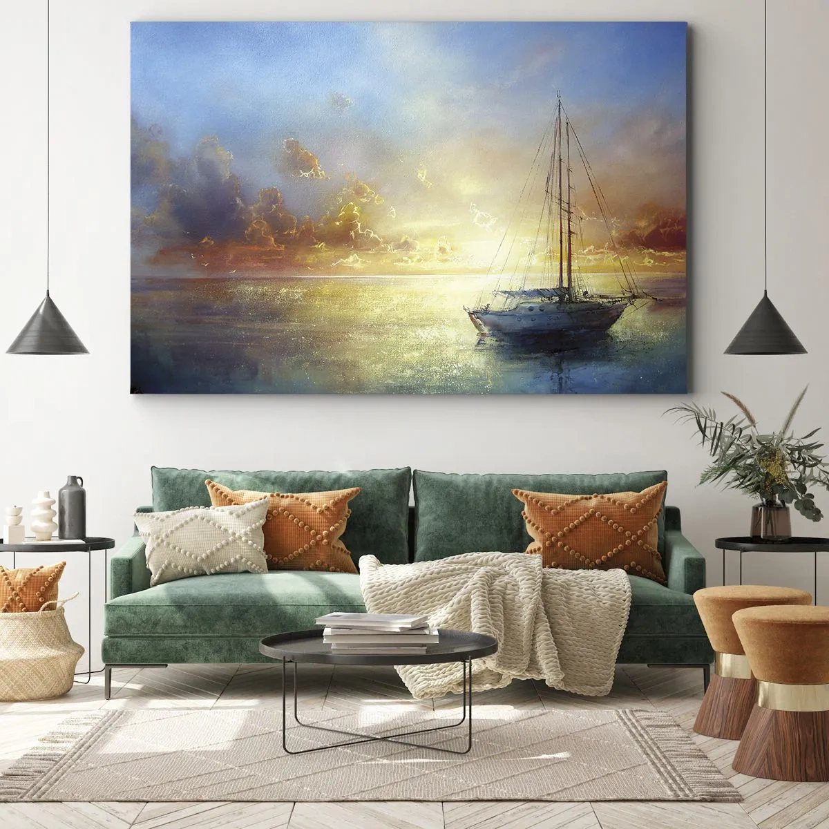 Obraz na plátne - Jachta na pokojnom mori pri západe slnka - 70x50cm - V zlatom zálive - Moderná nástenná dekorácia do obývacej izby a spálne ARTTOR