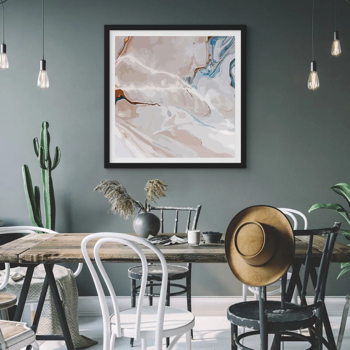 Plagát v čiernom ráme - Modré meandre pod bielou - 40x40 cm