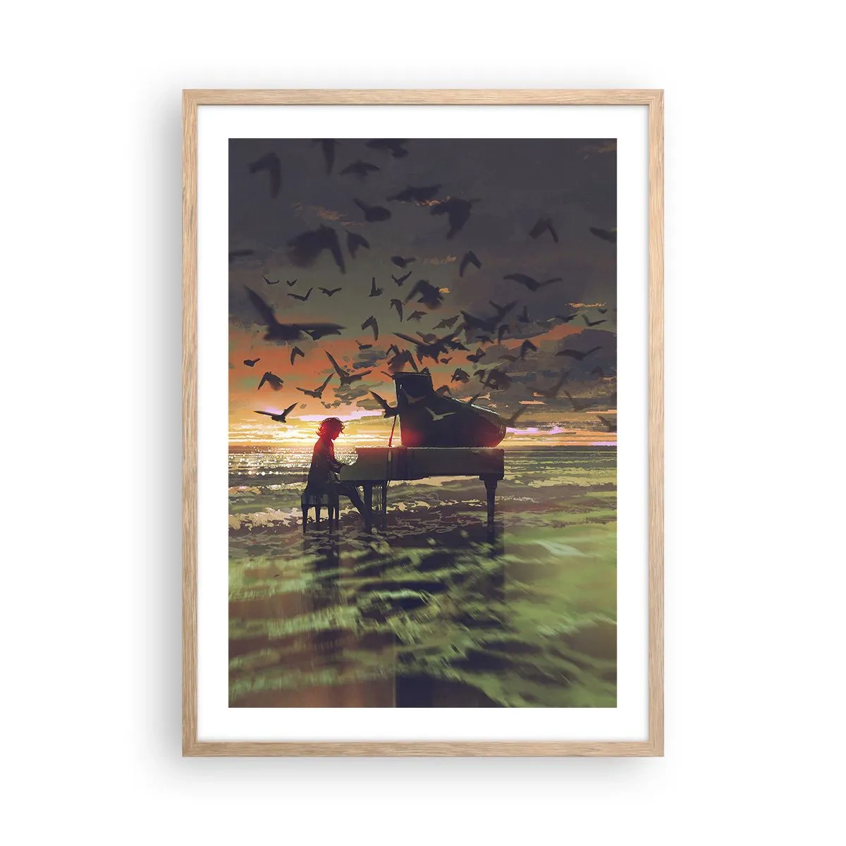 Plagát v ráme zo svetlého duba - Koncert na piano a vlny - 50x70 cm