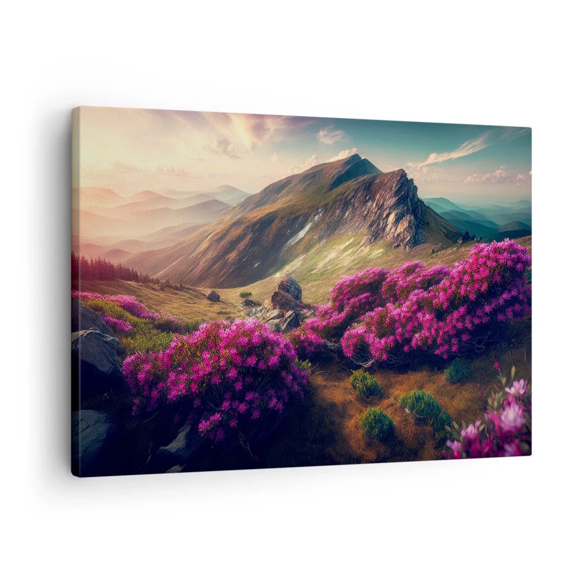 Obraz na plátne - Horská krajina s kvitnúcimi rododendronmi - 70x50cm - Leto na horách - Moderná nástenná dekorácia do obývacej izby a spálne ARTTOR
