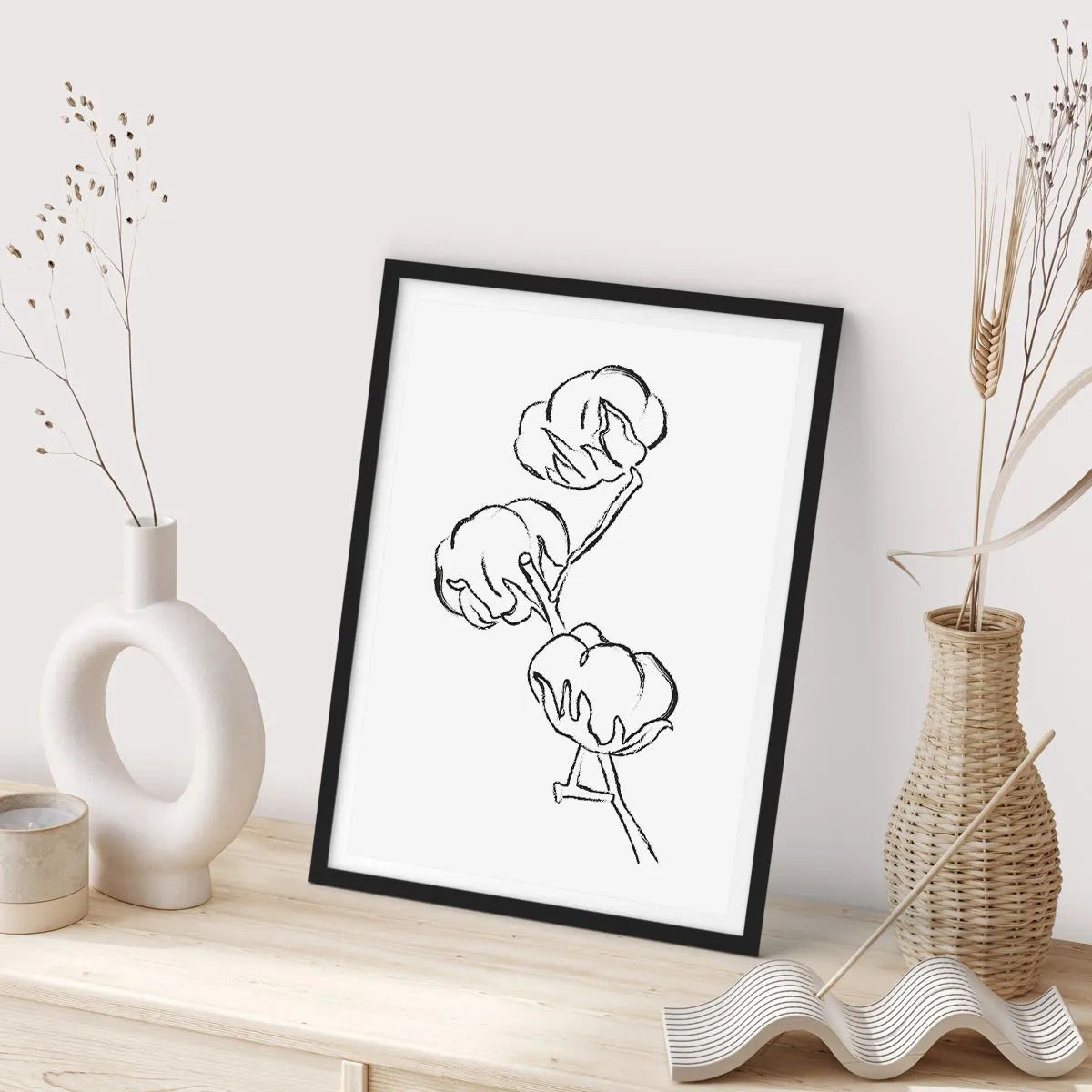 Plagát v čiernom ráme - Minimalistický náčrt bavlníkovej vetvy - 50x70cm - Bavlnené páperie - Moderná nástenná dekorácia do obývacej izby a spálne ARTTOR