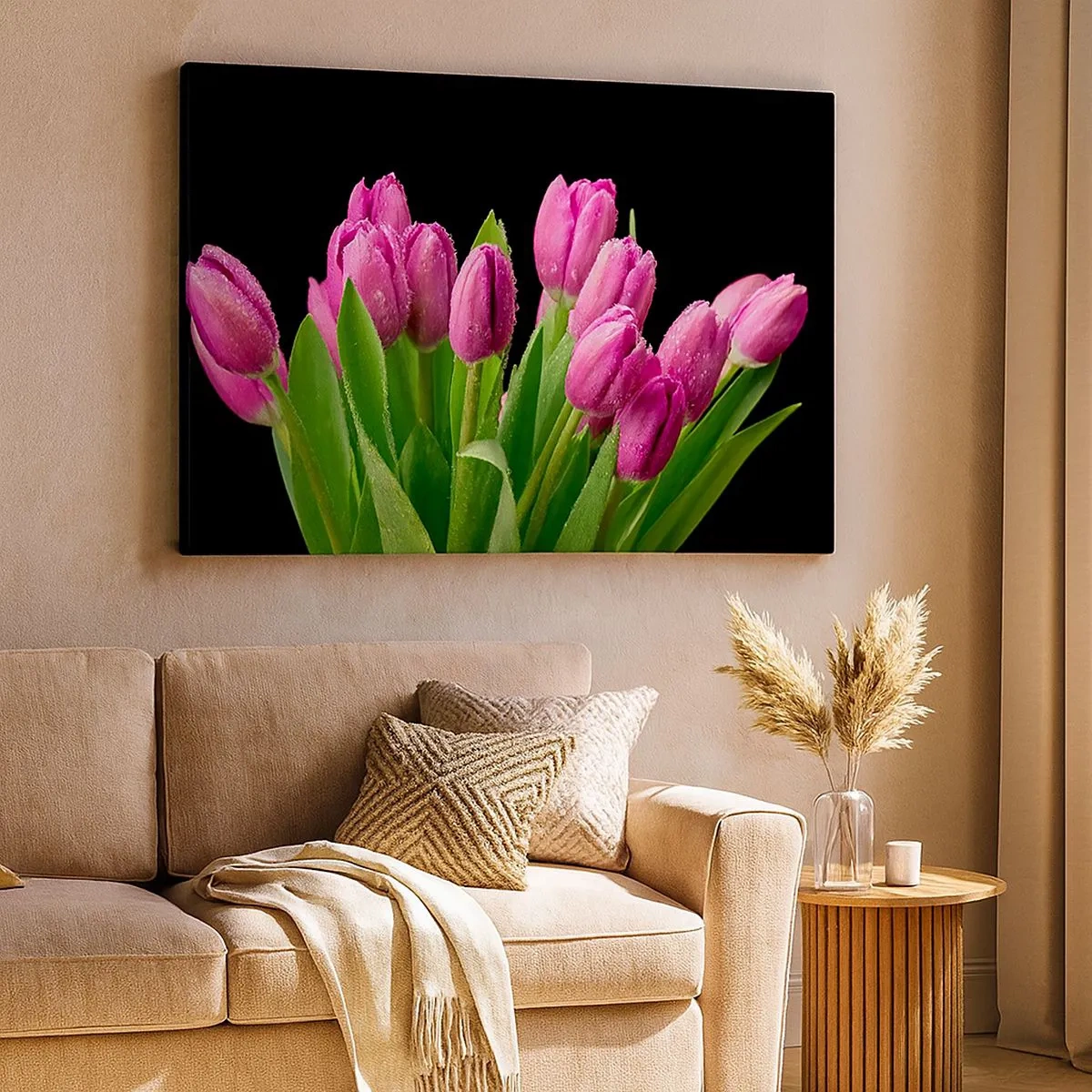 Obraz na plátne - Ružové tulipány s kvapkami rosy na čiernom pozadí - 70x50cm - Ľaliové potešenie jari - Moderná nástenná dekorácia do obývacej izby a spálne ARTTOR