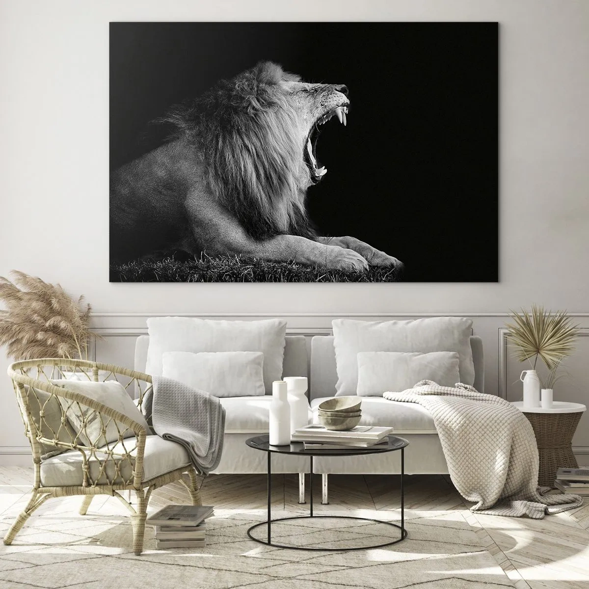 Obraz na skle - Čiernobiely portrét leva revujúceho proti tieňu - 70x50cm - Bez najmenších pochýb - Moderná nástenná dekorácia do obývacej izby a spálne ARTTOR