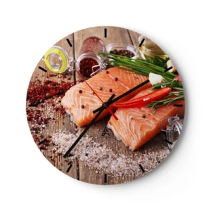 Nástenné hodiny - Filet z lososa s korením - 30x30cm - Nórske dobrodružstvo v kuchyni - Moderná nástenná dekorácia do obývacej izby, kuchyne a spálne ARTTOR