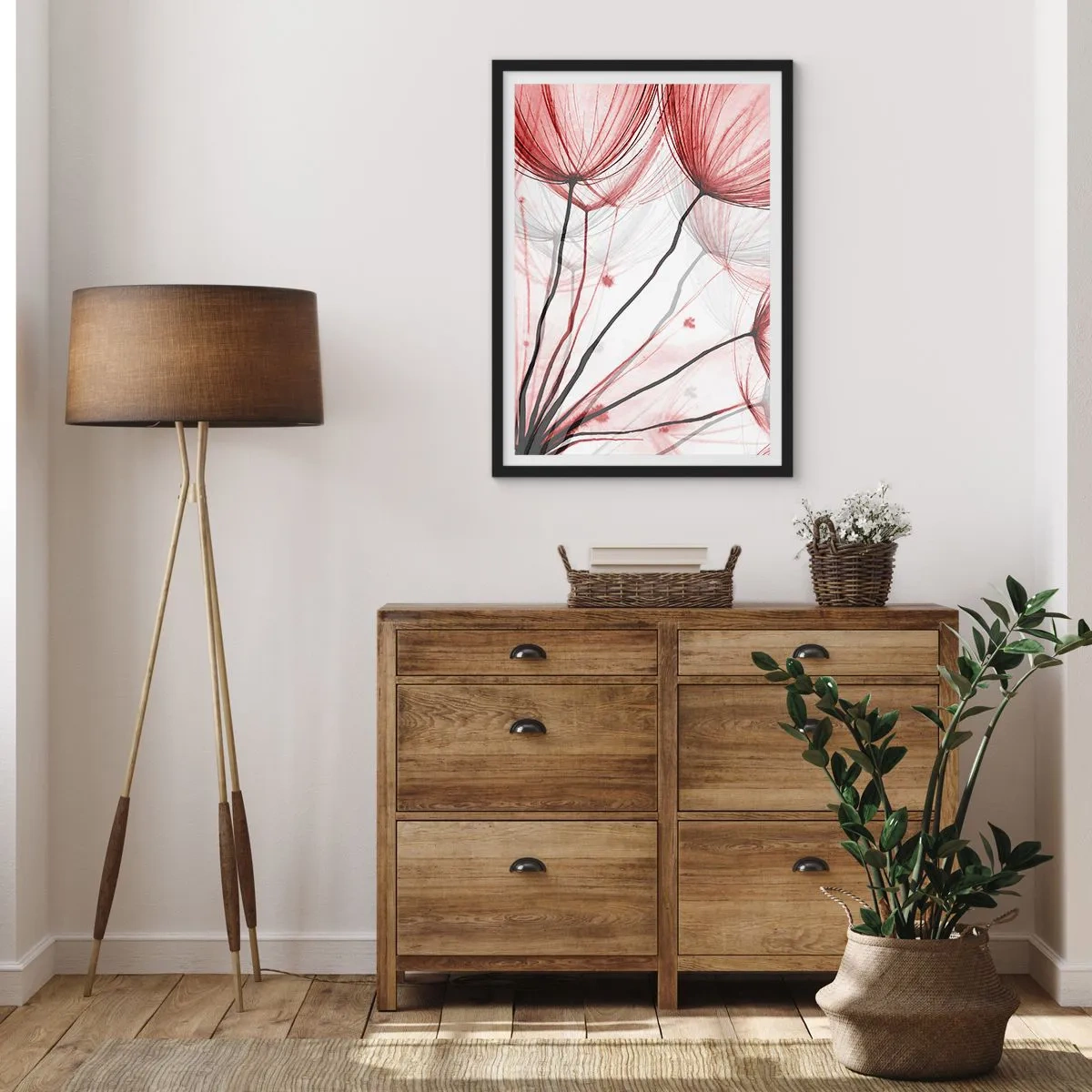Plagát v čiernom ráme - Jemné púpavy v odtieňoch červenej a čiernej - 50x70cm - Pred odletom - Moderná nástenná dekorácia do obývacej izby a spálne ARTTOR