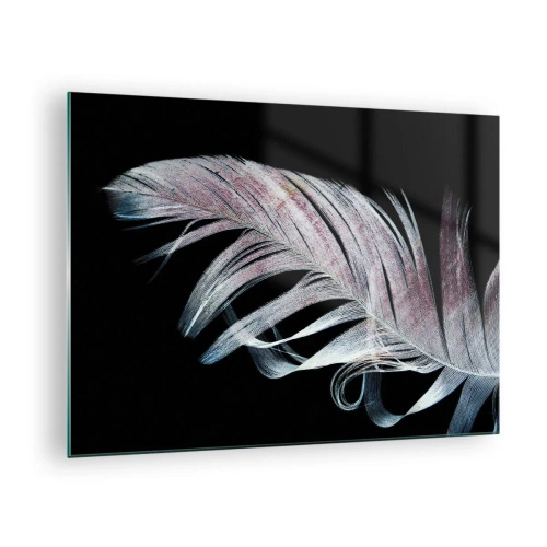 Obraz na skle - Jemné pierko na čiernom pozadí v umeleckom prístupe - 70x50cm - Premýšľajte o dotyku - Moderná nástenná dekorácia do obývacej izby a spálne ARTTOR