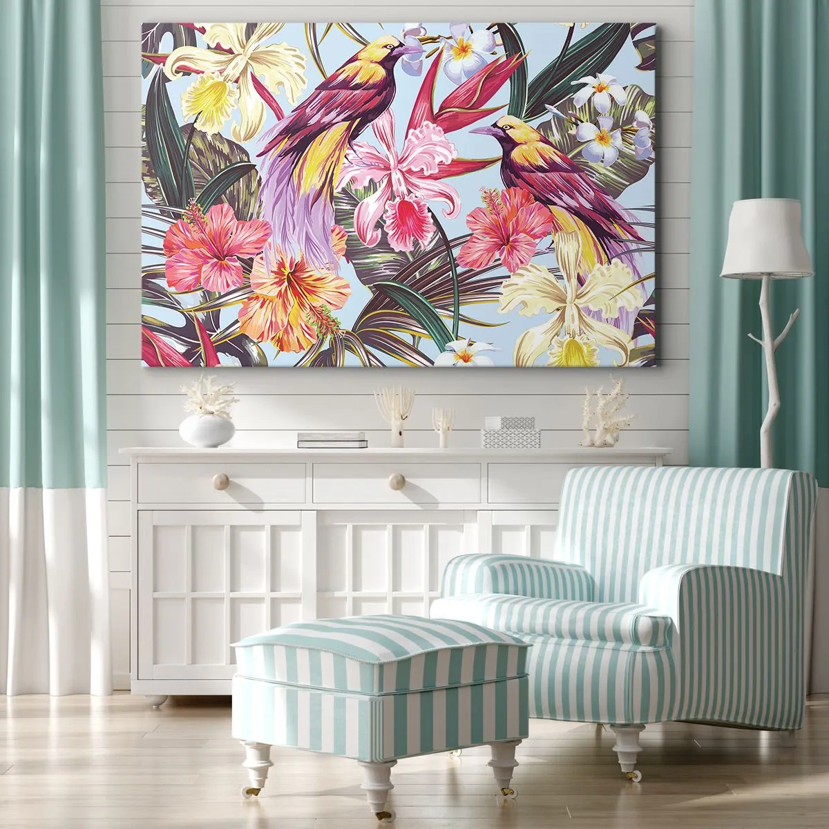 Obraz na plátne - Exotické vtáky medzi tropickými kvetmi - 70x50cm - Plátky a pierka - Moderná nástenná dekorácia do obývacej izby a spálne ARTTOR