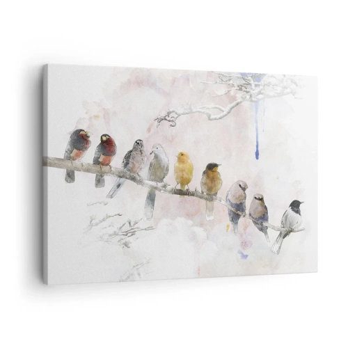 Obraz na plátne - Farebné vtáky na konári v akvarelovom štýle - 70x50cm - Okrídlené stretnutie - Moderná nástenná dekorácia do obývacej izby a spálne ARTTOR