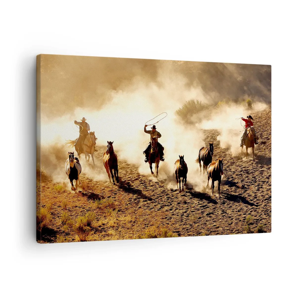 Obraz na plátne - Kovboji na koňoch v akcii v púštnom teréne - 70x50cm - Skutočne divoký západ - Moderná nástenná dekorácia do obývacej izby a spálne ARTTOR