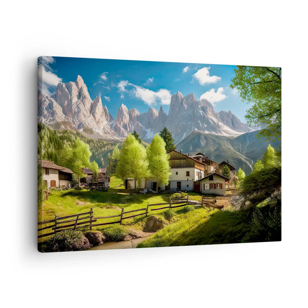 Obraz na plátne - Horská dedinka s domami a výhľadom na Alpy - 70x50cm - Alpská idyla - Moderná nástenná dekorácia do obývacej izby a spálne ARTTOR