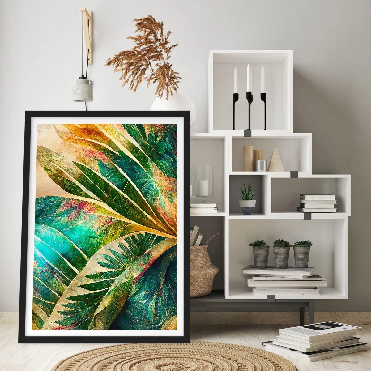 Plagát v čiernom ráme - Listová kompozícia v zelených a zlatých tónoch - 50x70cm - Farby trópov - Moderná nástenná dekorácia do obývacej izby a spálne ARTTOR
