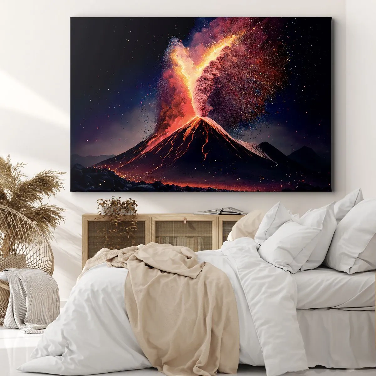 Obraz na plátne - Unikátna sopečná erupcia v noci s dynamickými farbami. - 70x50cm - Krása a hrôza - Moderná nástenná dekorácia do obývacej izby a spálne ARTTOR