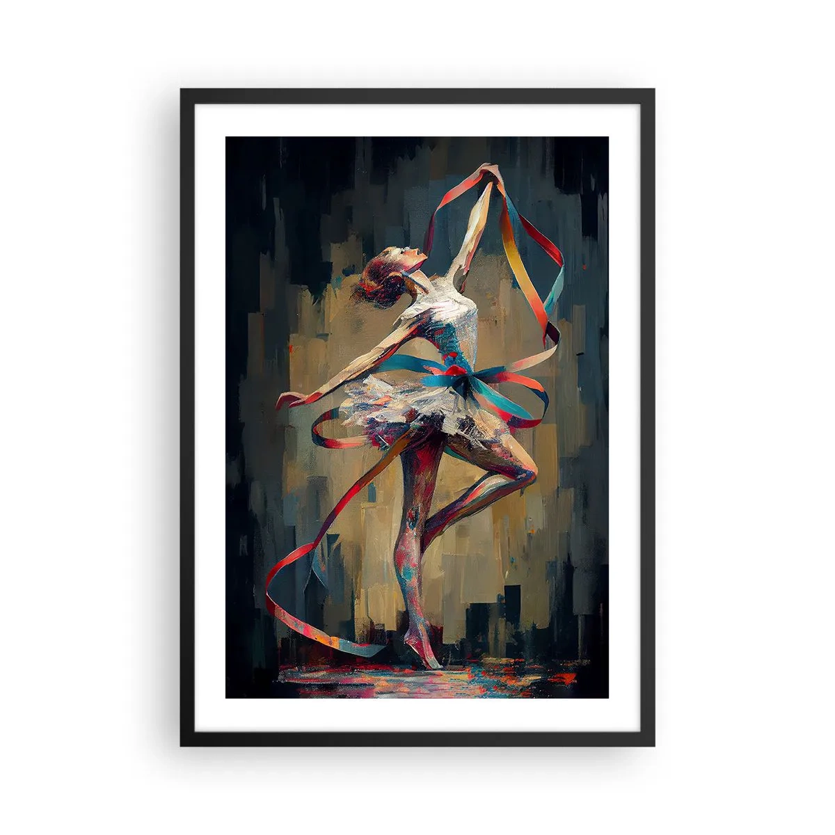 Plagát v čiernom ráme - Tanečnica v dynamickej póze s farebnými stuhami. - 50x70cm - Tanec so stuhou - Moderná nástenná dekorácia do obývacej izby a spálne ARTTOR