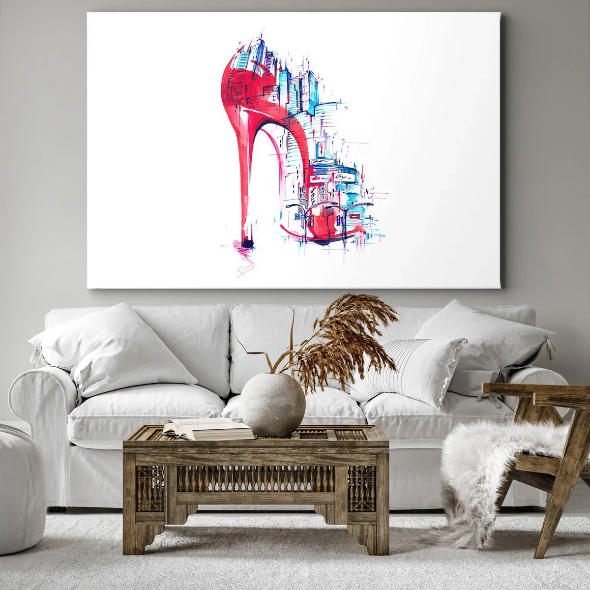Obraz na plátne - Abstraktné červené ihličkové opätky s mestskými detailmi - 70x50cm - Veľkomestská elegánka - Moderná nástenná dekorácia do obývacej izby a spálne ARTTOR